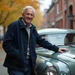 Homme mature près d'une voiture ancienne en automne