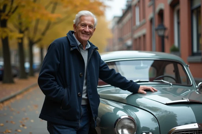 Homme mature près d'une voiture ancienne en automne
