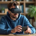 Homme regardant un casque VR dans un bureau moderne