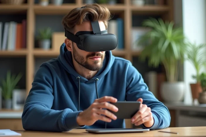 Homme regardant un casque VR dans un bureau moderne