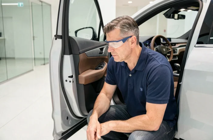 Ingénieur automobile examinant l'intérieur d'un SUV concept moderne dans un showroom épuré en 2024