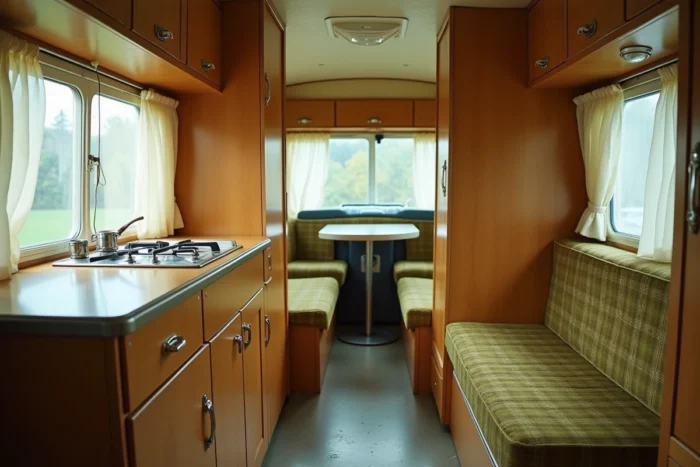 Intérieur authentique d'une caravane Rubis vintage avec mobilier d'origine en formica et banquettes en tissu écossais olive