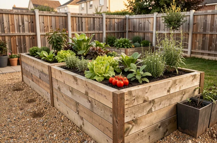 Jardinières surélevées en bois remplies de légumes et d'herbes aromatiques pour un potager accessible à hauteur de taille