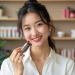 Jeune femme appliquant rouge a levres dans boutique de beaute