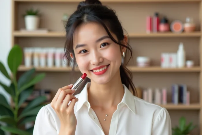 Jeune femme appliquant rouge a levres dans boutique de beaute