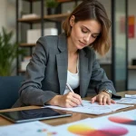 Jeune femme créative esquissant un logo dans un bureau moderne