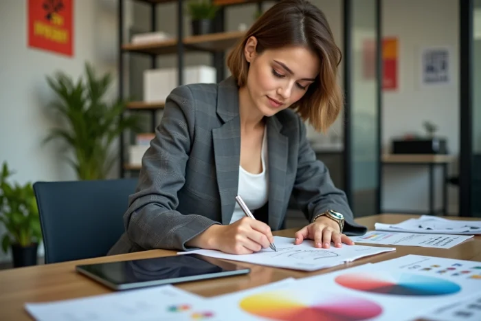 Jeune femme créative esquissant un logo dans un bureau moderne