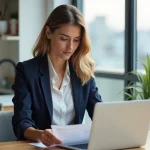 Jeune femme en blazer blanc et jeans au bureau
