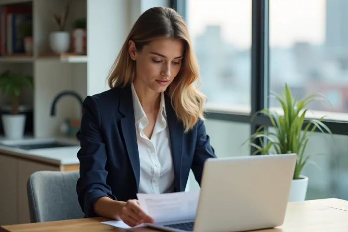 Jeune femme en blazer blanc et jeans au bureau