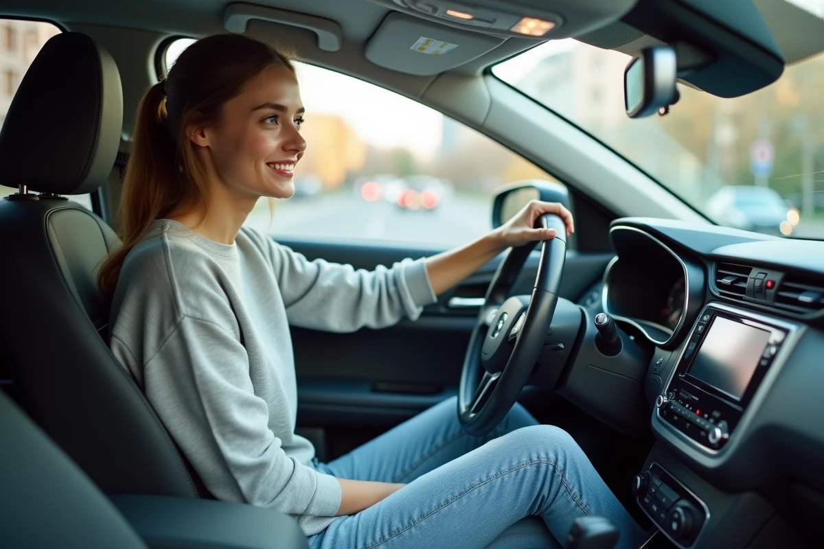 Jeune femme dans une voiture moderne en ville