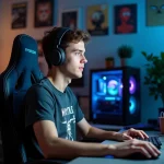 Jeune homme gamer au bureau avec ordinateur et posters