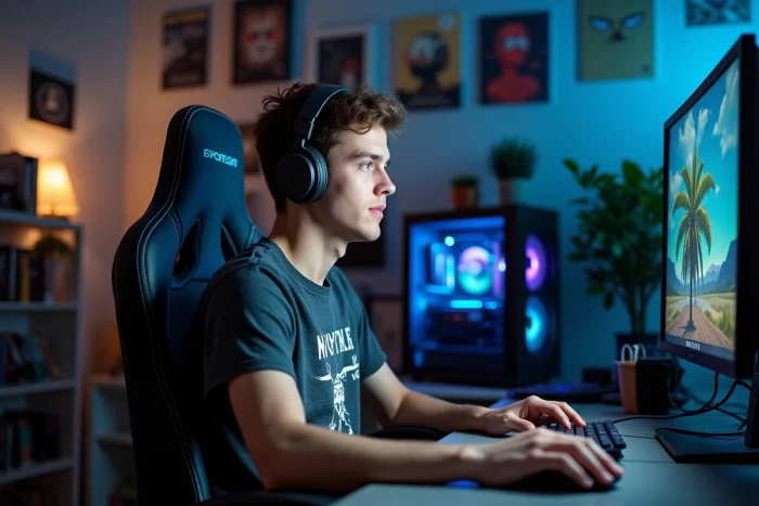 Jeune homme gamer au bureau avec ordinateur et posters