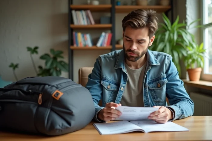 Jeune homme examine un sac à dos dans un salon lumineux