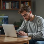 Jeune homme concentré sur son ordinateur dans un appartement moderne