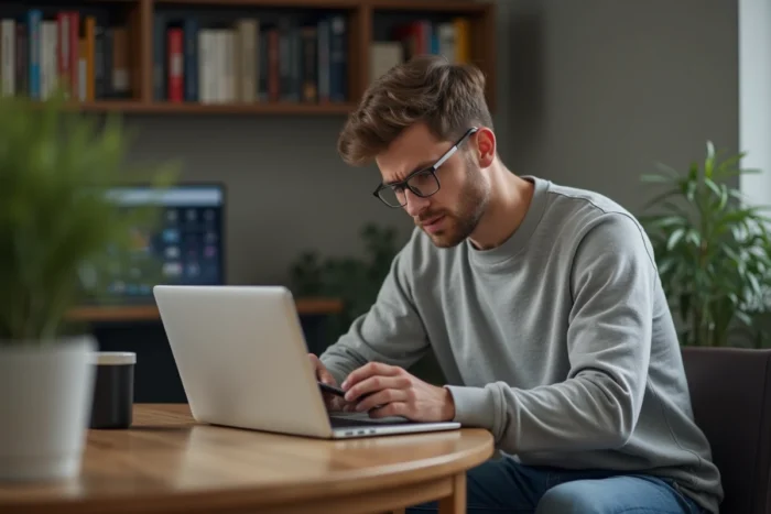 Jeune homme concentré sur son ordinateur dans un appartement moderne