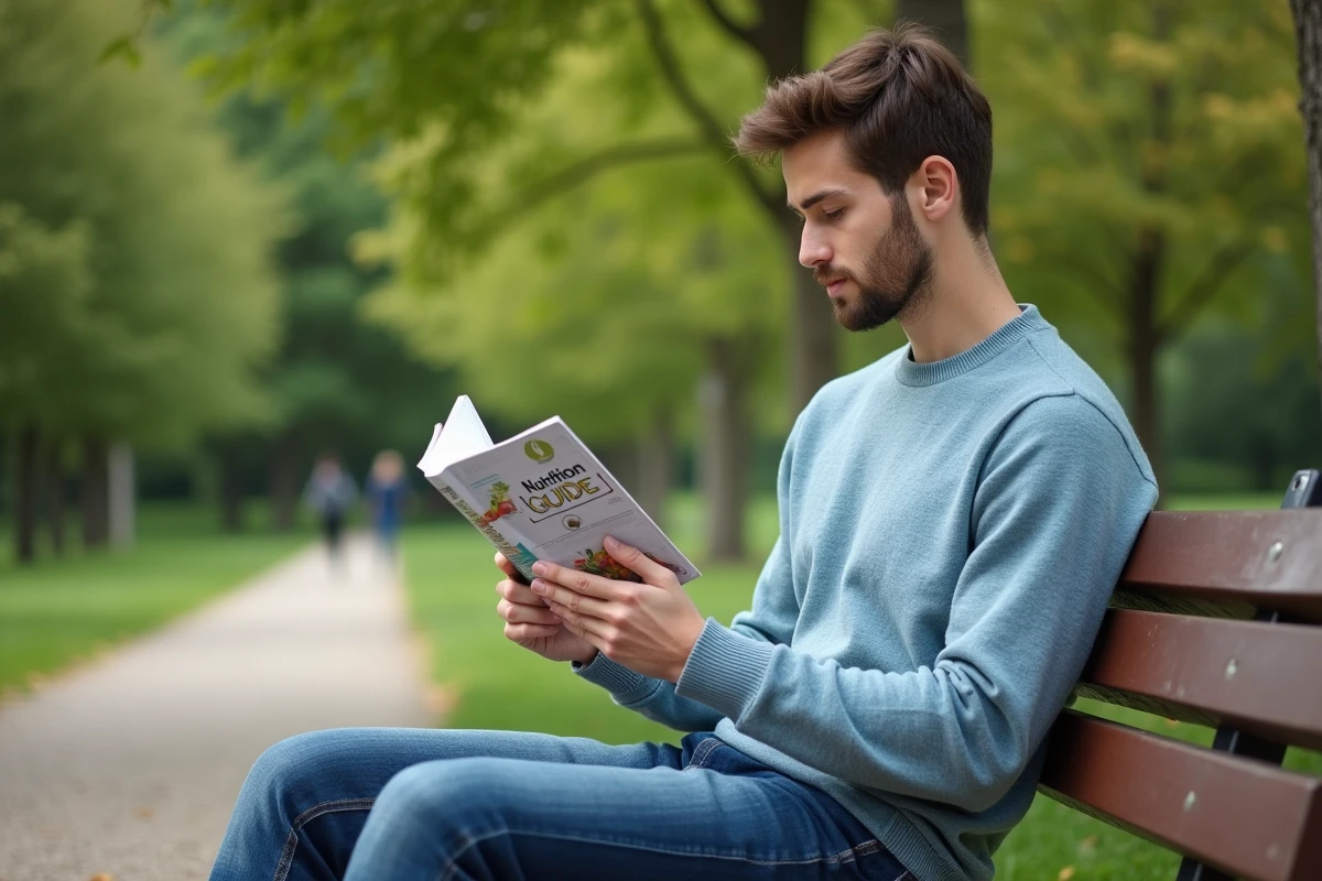 Jeune homme lisant un guide nutrition dans un parc