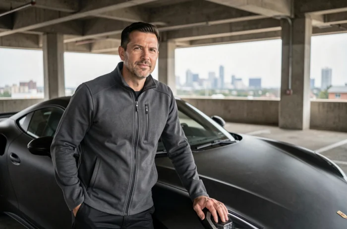 Journaliste automobile masculin appuyé sur une voiture de sport noire dans un parking urbain, évoquant le nouveau visage de l'émission Turbo M6