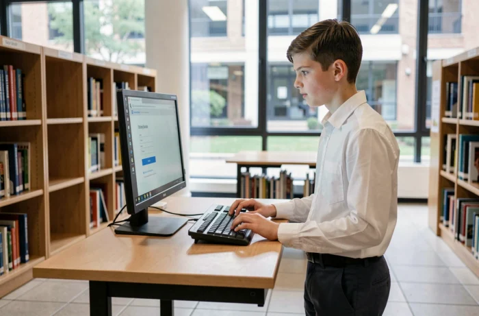 Lycéen en train de s'identifier sur un portail éducatif numérique dans une bibliothèque scolaire
