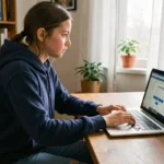 Lycéenne connectée à un portail scolaire sur son ordinateur portable pour s'authentifier sur Monlycée Net