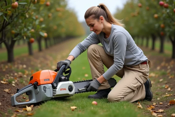 Horticultrice effectuant la maintenance d'une débroussailleuse Stihl dans un verger en automne