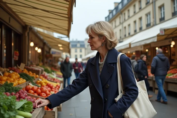 Femme faisant ses courses au marché en plein air du quartier Saint-Louis Rive Gauche de Versailles, devant des étals de fruits et légumes frais