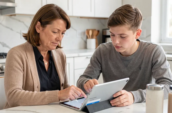 Mère et adolescent consultant ensemble la procédure de connexion au compte Monlycée Net sur une tablette