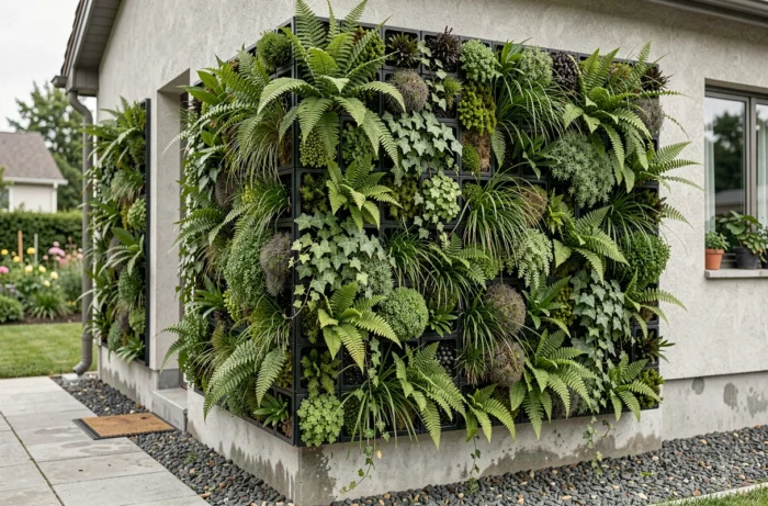 Mur végétal modulaire couvrant une façade en béton disgracieuse avec une variété de fougères, sedums et plantes grimpantes