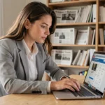 Femme naviguant sur le plan du site d'un journal en ligne sur son ordinateur portable dans un bureau moderne