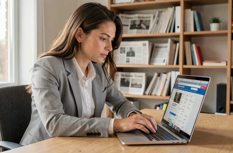 Femme naviguant sur le plan du site d'un journal en ligne sur son ordinateur portable dans un bureau moderne