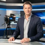 Présentateur de télévision masculin en blazer marine derrière un bureau de plateau TV moderne pour l'émission Turbo M6
