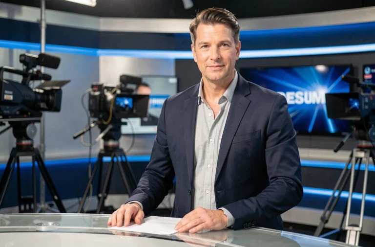 Présentateur de télévision masculin en blazer marine derrière un bureau de plateau TV moderne pour l'émission Turbo M6