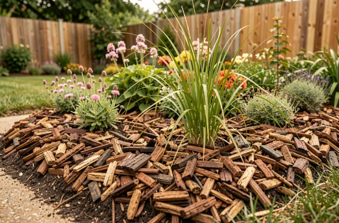 Massif de jardin recouvert de paillis de bois organique pour limiter l'évaporation et réduire l'arrosage