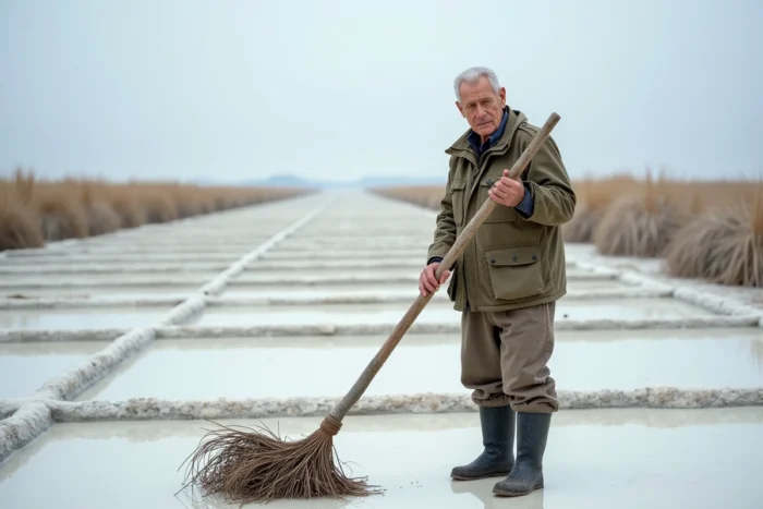 Paludier récoltant la fleur de sel dans les marais salants traditionnels du Pays de Retz