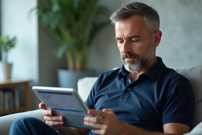Homme paramétrant la messagerie académique de Montpellier sur une tablette dans un salon moderne