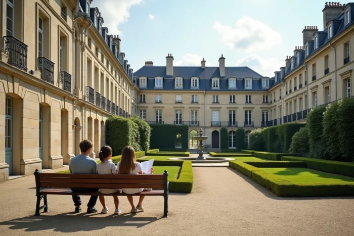 Place résidentielle typique de Versailles montrant le contraste architectural entre les quartiers Rive Droite et Rive Gauche, avec jardin public et fontaine en fonte