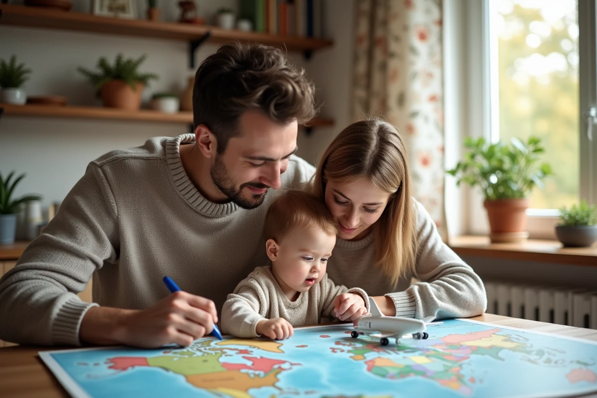 Famille planifiant un voyage avec une carte dans la cuisine