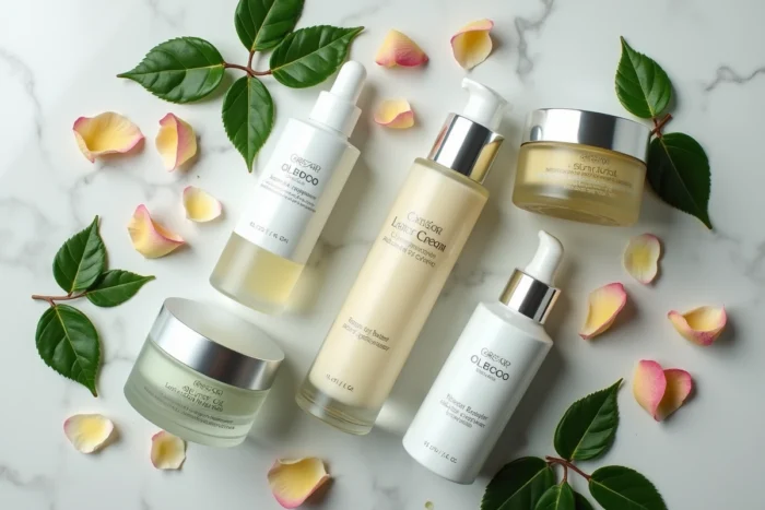 Comparatif de produits cosmétiques naturels et botaniques de marques concurrentes à Yves Rocher disposés sur marbre