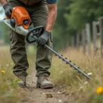 Professionnel du paysagisme utilisant une débroussailleuse Stihl FS le long d'une clôture rurale en plein air