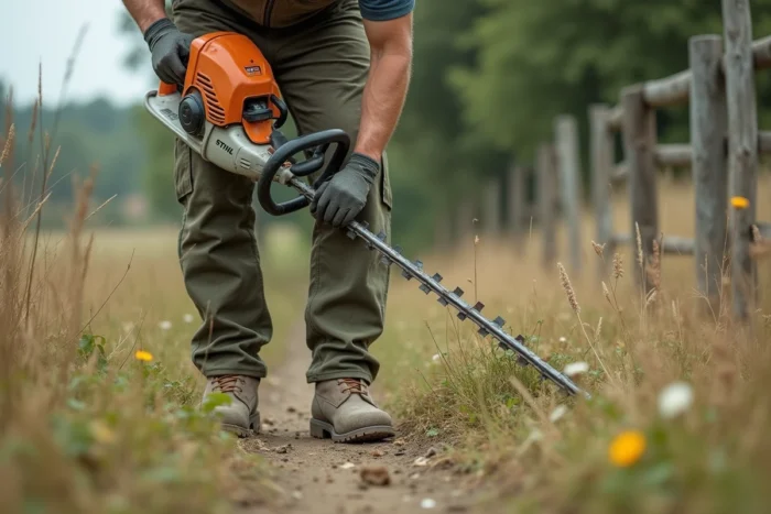 Professionnel du paysagisme utilisant une débroussailleuse Stihl FS le long d'une clôture rurale en plein air