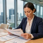 Professionnelle en blazer marine analysant un dossier de financement commercial sur une table de réunion moderne