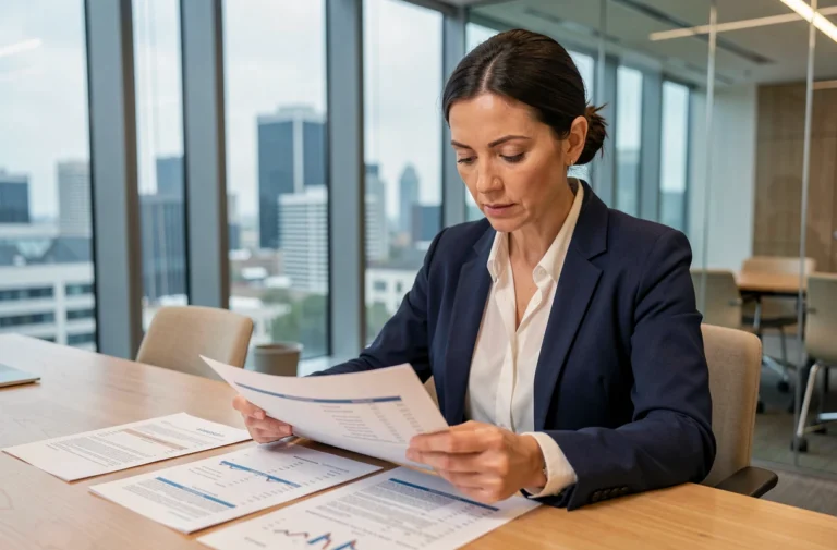 Professionnelle en blazer marine analysant un dossier de financement commercial sur une table de réunion moderne