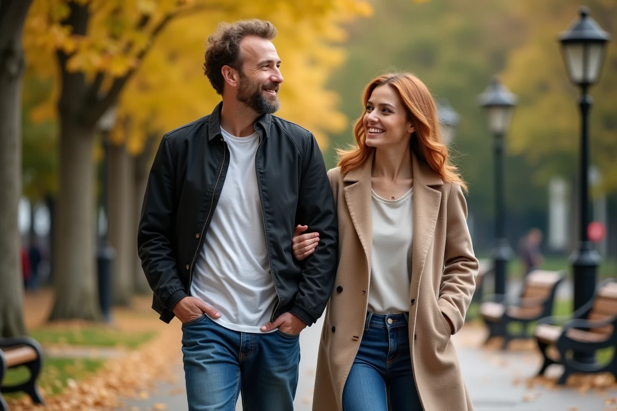 Couple se promenant dans un parc en automne pour l