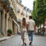 Couple se promenant dans une rue pavée du quartier Rive Droite de Versailles, devant un immeuble haussman typique avec balcons en fer forgé