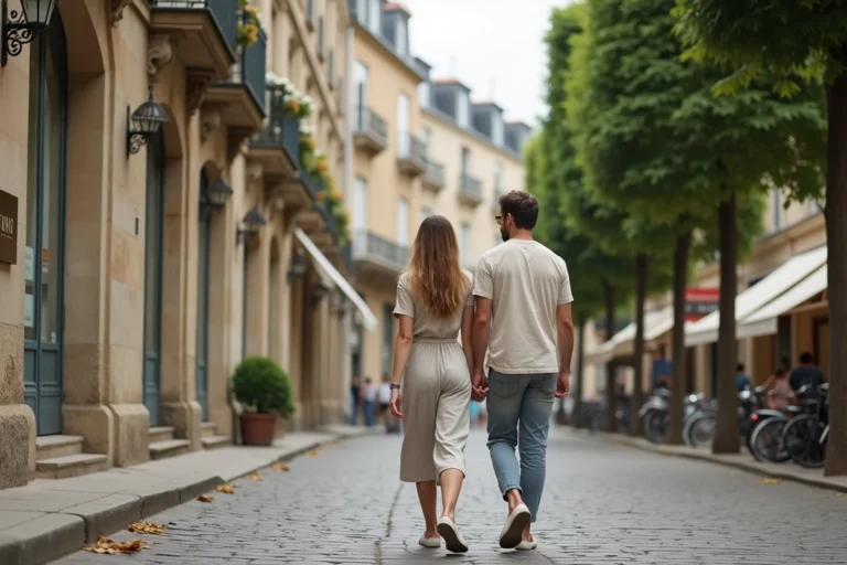 Couple se promenant dans une rue pavée du quartier Rive Droite de Versailles, devant un immeuble haussman typique avec balcons en fer forgé