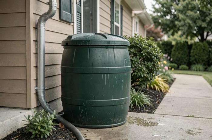 Récupérateur d'eau de pluie en plastique connecté à la gouttière d'une maison pour arroser le jardin