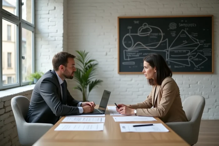 Deux professionnels en réunion de travail dans un bureau de startup à Rennes avec des documents stratégiques sur la table
