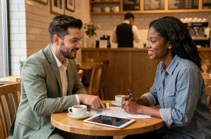 Deux jeunes entrepreneurs discutant d'un projet de lancement d'entreprise autour d'un café avec des documents financiers