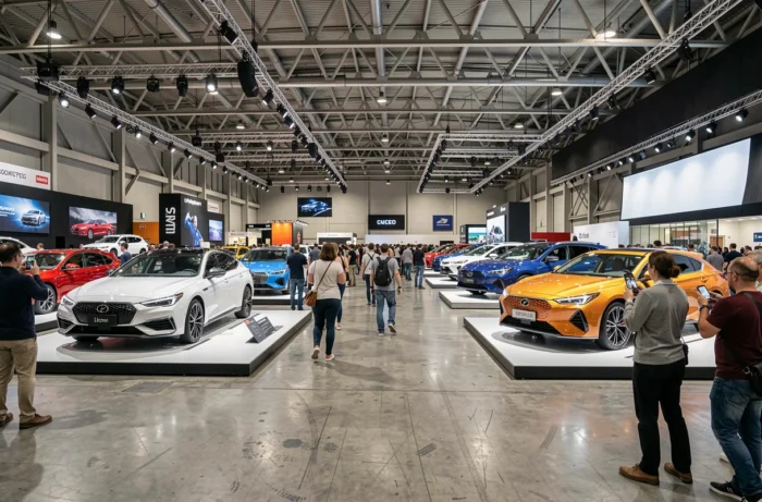 Salon automobile international 2024 avec des modèles de production et concepts exposés, visiteurs explorant les stands
