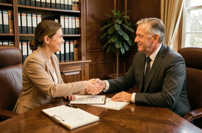 Signature d'un accord de financement commercial entre un conseiller bancaire et une entrepreneuse dans un bureau professionnel