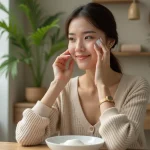 Femme appliquant une creme visage naturelle dans une salle de bain lumineuse